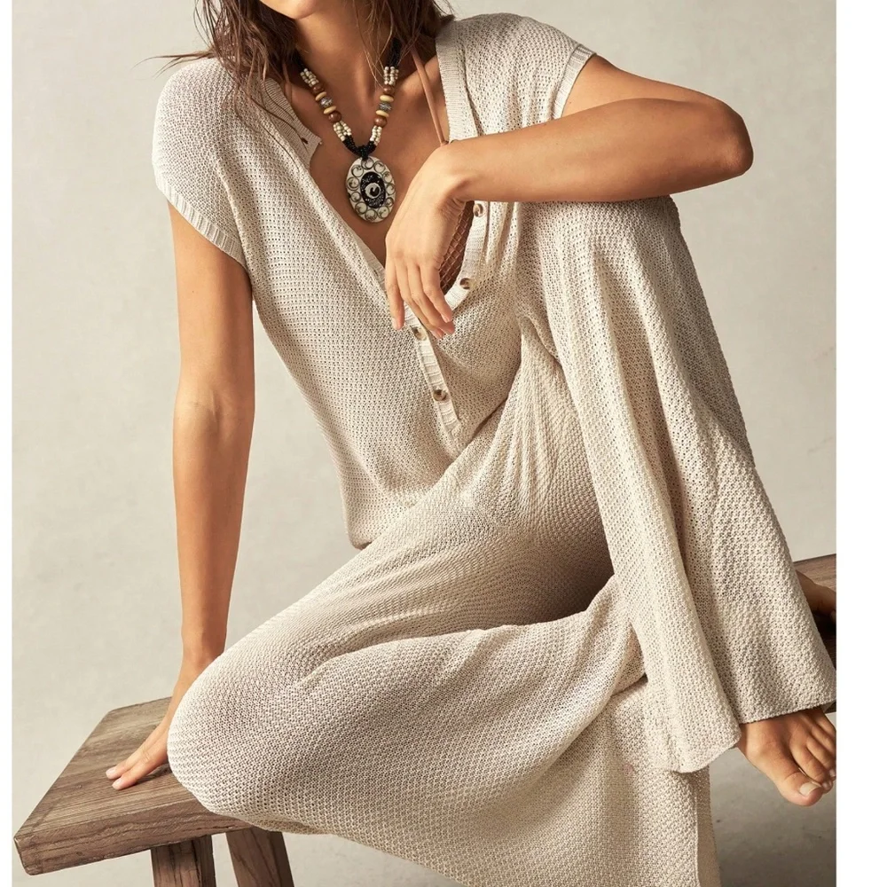 Solid Button up Batwing Sleeve Wide leg Semi Sheer Jumpsuit - Picture 3 of 6